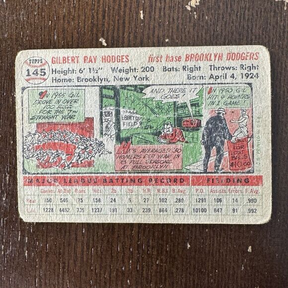 1956 Topps Gil Hodges Baseball Card #145 Poor Condition Brooklyn Dodgers - Picture 2 of 2